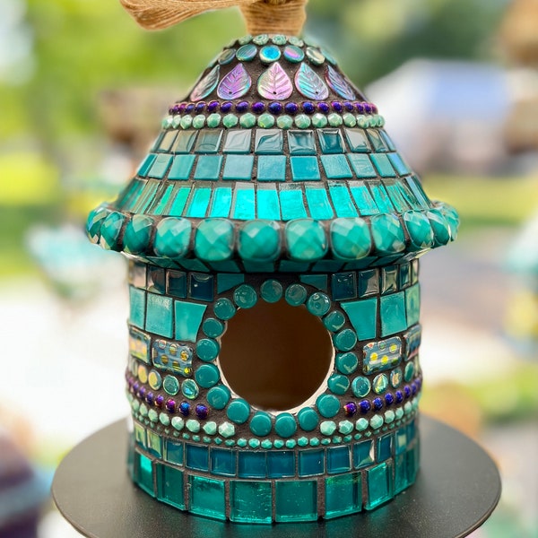 Round Mosaic Birdhouse: Teal and Purple