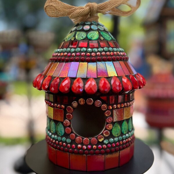 Round Mosaic Birdhouse: Red & Turquoise
