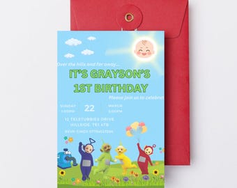 Teletubbies 1ST FIRST Birthday Party Invitation: Editable Canva Template (Digital Download)