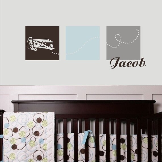 Items similar to FLYING AIRPLANE Squares with Name Personalized Wall