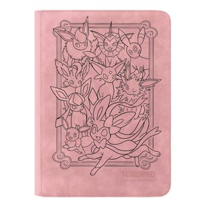 Könnte beinhalten: Ein rosa Kartenordner mit einer schwarz-weißen Illustration verschiedener Cartoon-Kreaturen in einem dekorativen Rahmen. Der Ordner hat unten den Text "TCG Guard".
