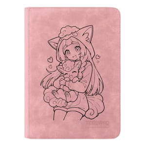 May include: Pink case featuring a black and white anime-style illustration. The artwork depicts a character in a fox-eared hoodie holding a small, fluffy creature. Hearts float in the background. The text "TCGUARD" is at the bottom.