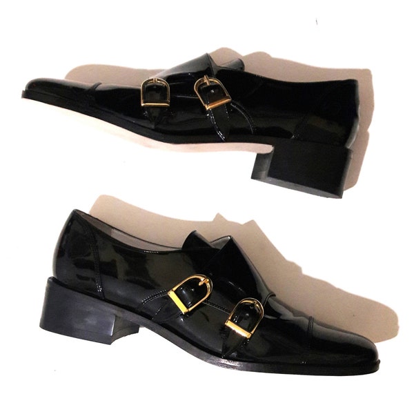 Vintage Deadstock 90s monk strap shoes Black patent leather size 7 US 37 Eur