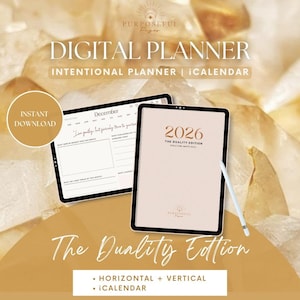 Puede incluir: Planificador digital con el texto "DIGITAL PLANNER" y "INTENTIONAL PLANNER | iCALENDAR". La imagen muestra dos tabletas, una que muestra un diseño de calendario de diciembre y la otra con "2026 THE QUALITY EDITION". El texto "The Duality Edition" también es visible.