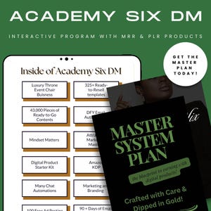 Può includere: Un corso di marketing digitale chiamato "Academy Six DM" con uno schema di colori verde e oro. Il corso include oltre 325 modelli pronti per la rivendita, 43.000 pezzi di contenuti pronti all'uso e un piano di sistema principale.