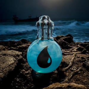 May include: A round, blue glass bottle with a black teardrop design. The bottle's top is adorned with a dripping, dark substance. The background features a dark ocean scene with a ship.