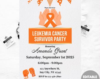 Invitación intercambiable para fiesta de supervivientes de cáncer de leucemia: Cinta naranja (Canva, 13 x 18 cm, descarga digital)