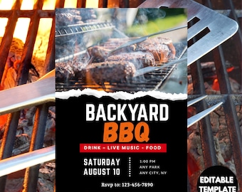 Puede incluir: Una invitación a una barbacoa en el patio trasero con un diseño negro y naranja. La invitación incluye el texto "BACKYARD BBQ" y detalles para un evento el sábado con música en vivo, comida y bebidas. El fondo muestra una parrilla con llamas y comida cocinándose.