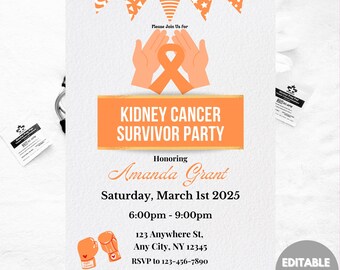 Invitación intercambiable para fiesta de supervivientes de cáncer de riñón: lazo naranja, concienciación (Canva, 13 x 18 cm)