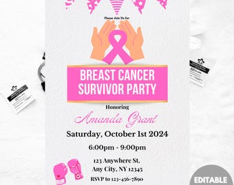 Einladung zur Feier eines Brustkrebs-Überlebenden: Pink Ribbon Event (Canva, 5 x 7 in digitaler Download)