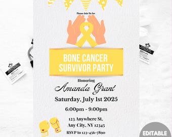 Interchangeable Bone Cancer Survivor Party Invitation: Yellow Ribbon (Canva, 5x7in Digital Download)