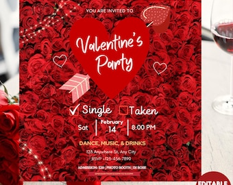 May include: A Valentine's Party invitation with a red rose background. The invitation features a large red heart with the words "Valentine's Party" in white script. Details include date, time, and RSVP information.