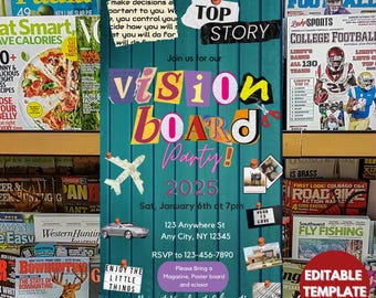 以下が含まれることがあります： 「Vision Board Party! 2025」のテキストとイベントの詳細が記載された、ターコイズ色のビジョンボードパーティーの招待状。デザインには、雑誌の切り抜き、紙飛行機、車のイラストが含まれています。背景はターコイズ色の木目模様です。
