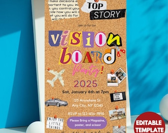 Peut inclure: Un tableau en liège avec une invitation à une fête de vision board. L'invitation est décorée de découpes de papier colorées et comprend le texte "Vision Board Party! 2025" et "Sam, 6 janvier à 19h".