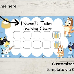 Aanpasbare afdrukbare Bluey toilettrainingstabel | Zindelijkheidstraining | Zindelijkheidstraining | Stickerkaart | Bluey-beloningstabel
