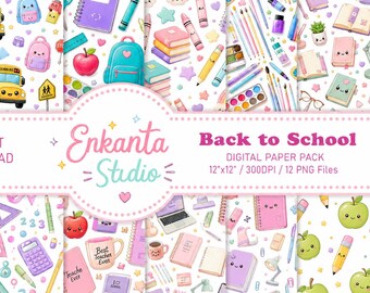 May include: A digital paper pack featuring school-themed patterns with cute illustrations of yellow buses, colorful backpacks, notebooks, apples, calculators, and stationery items on a white background, labeled Back to School 12x12 inches 300DPI.