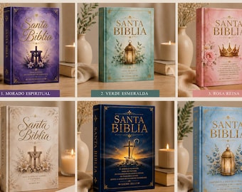 May include: A collection of six hardcover Bibles titled Santa Biblia, featuring distinct cover designs in purple, emerald green, pink, beige, dark blue, and light blue. Each book displays unique illustrations like crosses, lanterns, and crowns.