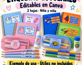 May include: A digital template set for school labels featuring various designs, including superhero and cartoon graphics. The text reads ETIQUETAS ESCOLARES, Editables en Canva, 2 hojas, Niña y niño, and EJEMPLO DE USO, ÚTILES NO INCLUIDOS, PLANTILLAS DIGITALES.