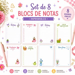 Set de 8 Bloc de Notas Imprimibles | Printable Notepad Bundle |  To Do List, Lista de Compras, Brain Dump | Cute Pastel Planner Pages