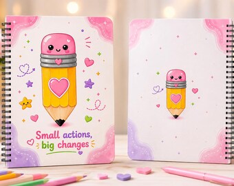 May include: Two spiral-bound notebooks with white covers featuring a cartoon pencil character with a pink eraser and a heart. The left notebook displays the text "Small actions, big changes" in pink and green, surrounded by colorful stars and hearts.