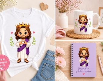 May include: A white t-shirt, a white ceramic mug, and a light purple spiral notebook, each featuring a cartoon illustration of a bearded figure wearing a gold crown and a purple sash, making a heart shape with hands, surrounded by small pink hearts.