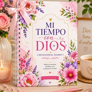 Puede incluir: Un diario devocional con espiral, con una portada rosa con diseños florales y el texto "MI TIEMPO con DIOS". El diario está adornado con una cinta rosa y rodeado de flores. También se ve el texto "DEVOCIONAL DIARIO".