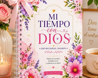 May include: A spiral-bound devotional journal with a pink cover featuring floral designs and the text "MI TIEMPO con DIOS." The journal is adorned with a pink ribbon and surrounded by flowers. The text "DEVOCIONAL DIARIO" is also visible.