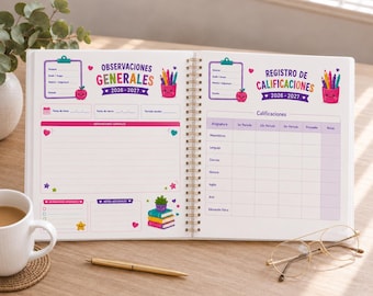 May include: A spiral-bound academic planner open to two pages featuring colorful graphics of apples, pencils, and books. The left page is titled Observaciones Generales 2026-2027, and the right page is titled Registro de Calificaciones 2026-2027 with columns for subjects and grades.