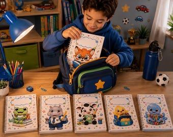 May include: A navy blue backpack with a yellow star patch and five spiral-bound notebooks featuring cartoon animal illustrations of a fox, frog, hippo, cow, chick, and octopus. Each notebook has a blank cloud-shaped space for writing a name.