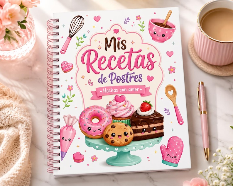 Dessert Recipe Book PNG Bundle, Kawaii Baking Journal Cover, Printable Recipe Notebook, Pastry Recipe Binder, Cute Cookbook Cover PNG imagen 1