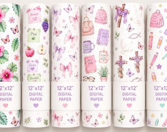 May include: Six rolls of 12"x12" digital paper featuring various patterns including pink hibiscus flowers, green leaves, butterflies, bows, religious symbols like crosses and bibles, school supplies, and text labels such as Amor, Paz, Gozo, and Bondad.
