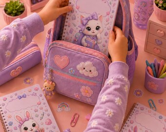 May include: A lavender backpack with a plush texture, featuring a spiral-bound notebook with a cartoon cat illustration inside. The bag is decorated with patches of a heart, a cloud, and a flower, plus a small bear charm attached to the zipper.