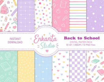 Cute Back to School Digital Papers, Kawaii School Pattern Bundle, Teacher Scrapbook Paper, Printable Craft Paper, 12x12 PNG Pack