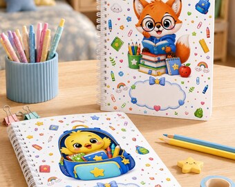 May include: Two white spiral-bound notebooks featuring colorful cartoon illustrations. One notebook displays a fox reading books, while the other shows a yellow chick inside a blue backpack. Both covers include a blank cloud-shaped label for writing names.