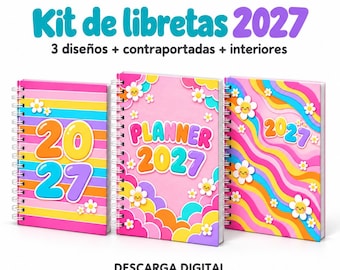 May include: Three spiral-bound notebooks with colorful 2027 designs. The left features horizontal stripes, the center has clouds and flowers, and the right has wavy lines and flowers. Text reads Kit de libretas 2027, 3 diseños + contraportadas + interiores, and DESCARGA DIGITAL.
