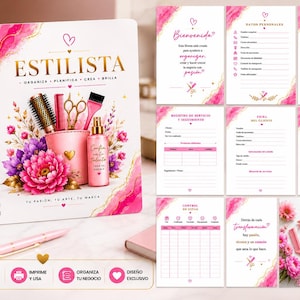 Puede incluir: Un planificador de espiral titulado ESTILISTA con una portada floral rosa y dorada que muestra herramientas de peluquería, un atomizador y tijeras. El set incluye páginas interiores para datos personales, calendarios 2026-2027 y registro de clientes.