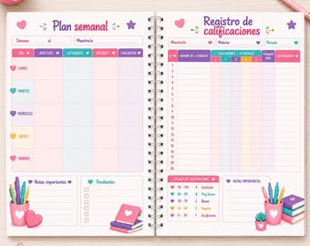 May include: A spiral-bound teacher planner open to two pages. The left page is titled Plan semanal with columns for days of the week, objectives, activities, resources, and evaluation. The right page is titled Registro de calificaciones with a student grade tracker and a grading scale. Both pages feature pastel colors, heart icons, and illustrations of pens and books.