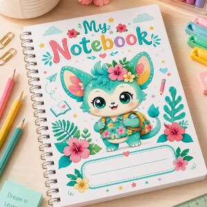 Puede incluir: Un cuaderno de espiral con una portada blanca que presenta el texto My Notebook en letras coloridas. La portada muestra una criatura turquesa de dibujos animados con una camisa floral, rodeada de flores de hibisco rosas y hojas verdes.