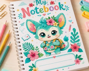 May include: A spiral-bound notebook with a white cover featuring the text My Notebook in colorful letters. The cover displays a cartoon teal creature wearing a floral shirt, surrounded by pink hibiscus flowers, green leaves, and small stars.