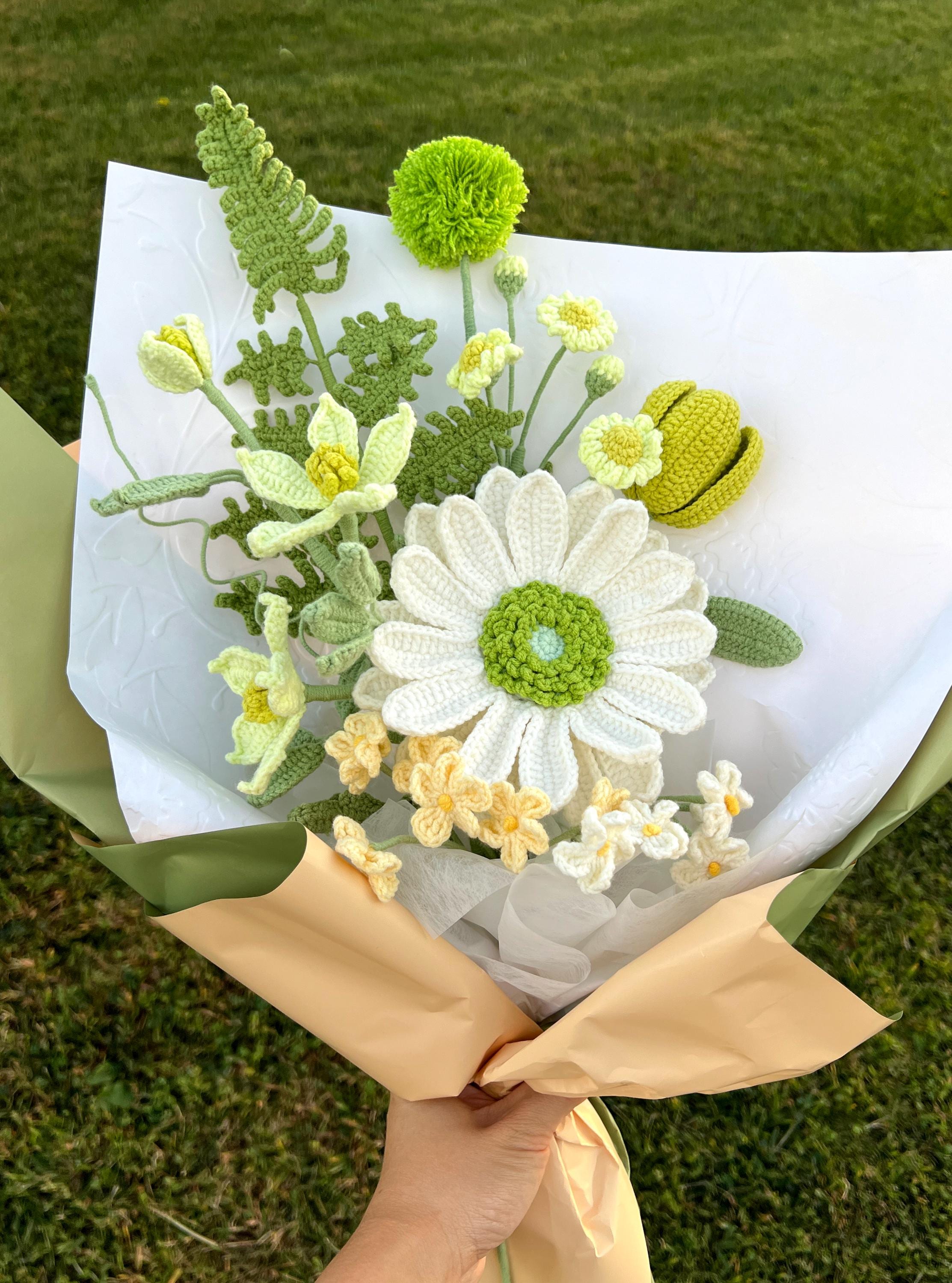 Green Color Lily Crochet Flower Bouquet, Barberton Daisy, Handmade