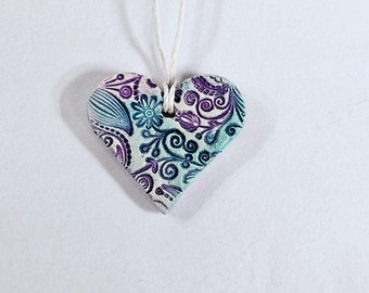 Watercolor Heart Ceramic Pendant Teal and Purple