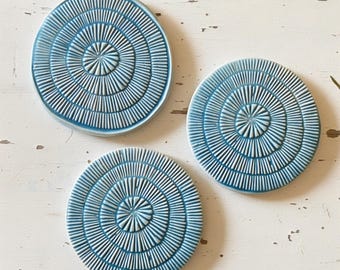 Circle in Circle Round Tile Set, Caribbean Blue, 3 Pieces
