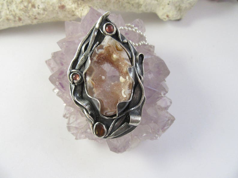 Silver Geode Slice Agate Pendant Sapphires Peridot With 20 inch 925 Sterling Silver Ball Chain