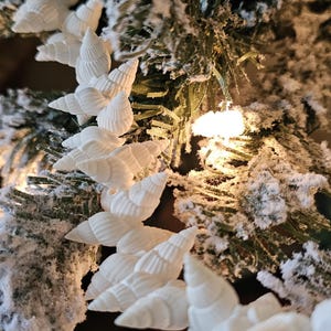 K&ouml;nnte beinhalten: Wei&szlig;e Muscheln, die als Girlande an einem schneebedeckten k&uuml;nstlichen Weihnachtsbaumzweig befestigt sind.