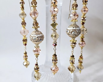 Sparkling Crystal Bead Dangles Exotic and Unique Set of 5 Gold Pink Cream