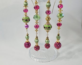 Crystal Bead Dangles Set of 4 Pink Green Gold Unique Handcrafted