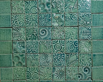 Bella's  Garden, Mosaic Tiles, 1 Inch, Blue Green, Dragonflies, Flowers, Vines, Spirals, 64 Piece Set