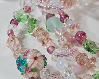 Flower Garden Crystal Bead Garland Handmade Lampworked Beads 6 Feet