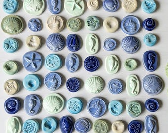 Ceramic Accent Tiles - Assorted Designs - Seashells - Starfish - Beach Designs - Mosaic Elements - Flat Unglazed Backs - Handmade - 12pc