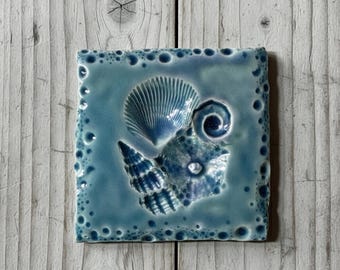 Seashells 2 Inch Square Tile, Handmade, Sea Green Teal Purple